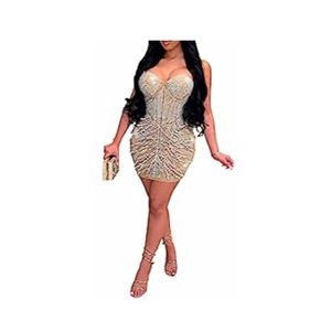 Womens Sexy Sleeveless Glitter Rhinestones Beaded Bodycon
